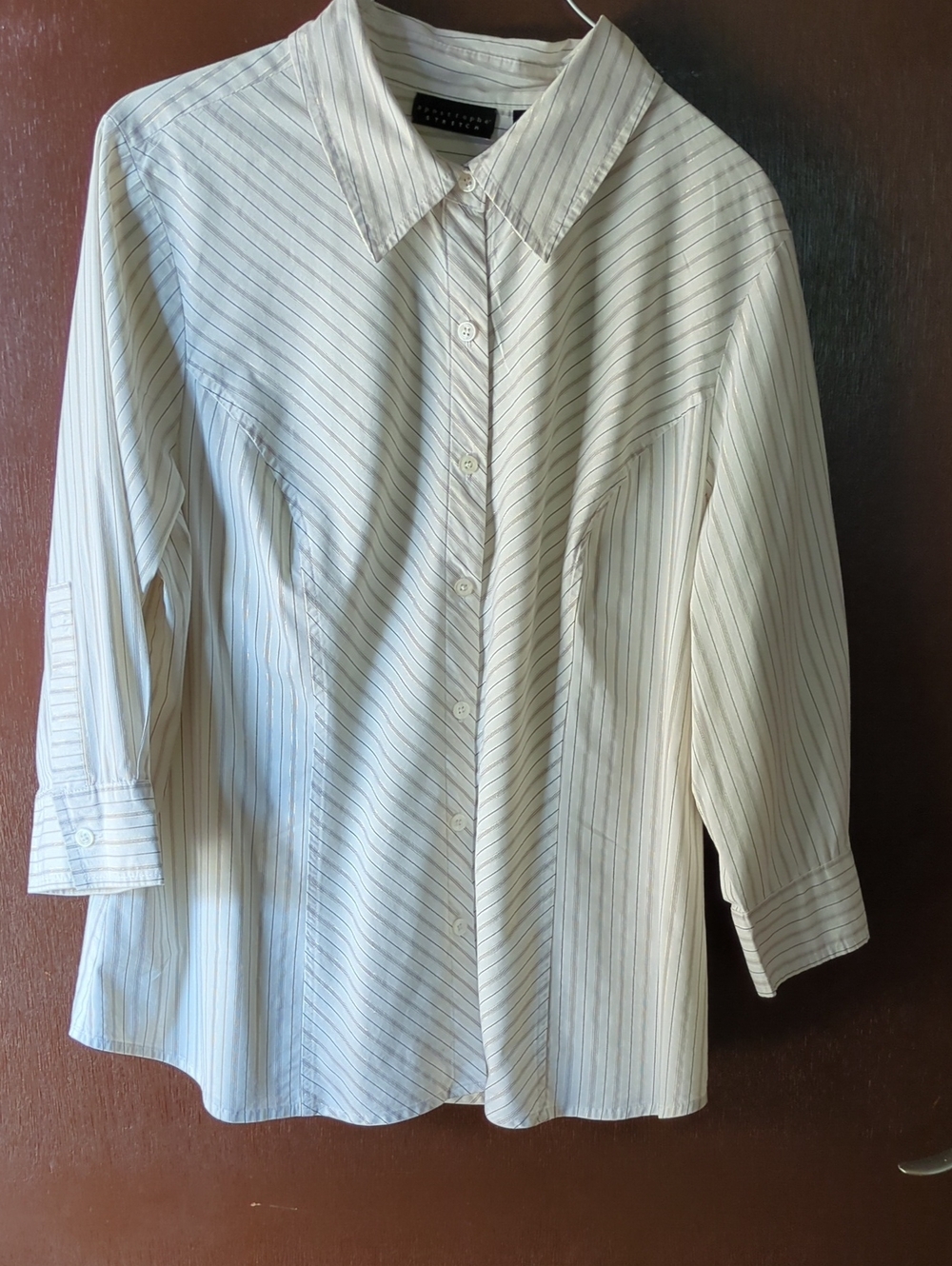 Apostrophe Stretch Black And Metallic Gold Pinstripe Button-Down Shirt Size XL